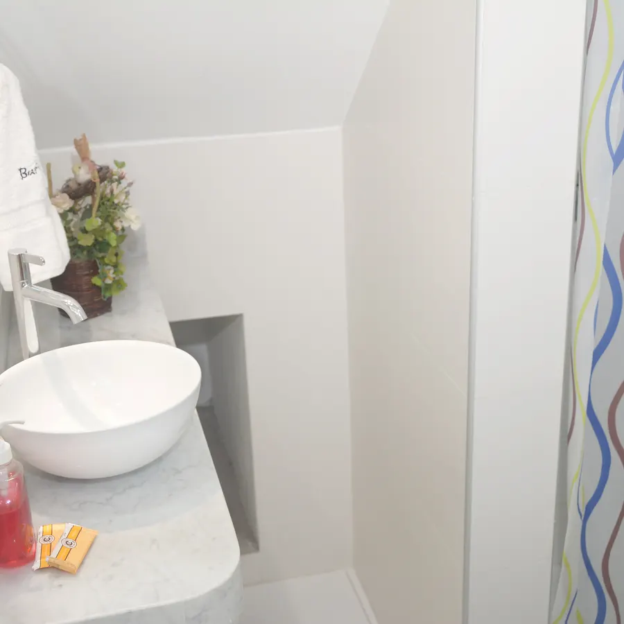 Baño del piso 1, con lavabo sobre encimera y ducha con cortina