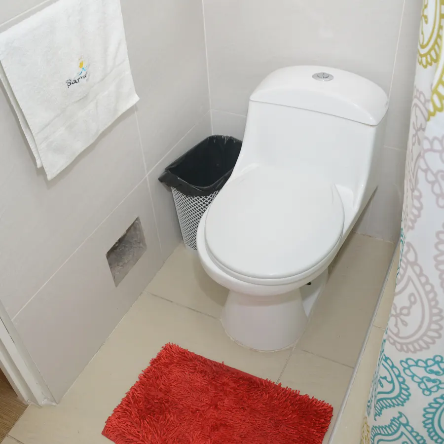 Baño del piso 2, con inodoro, alfombra roja y cortina estampada